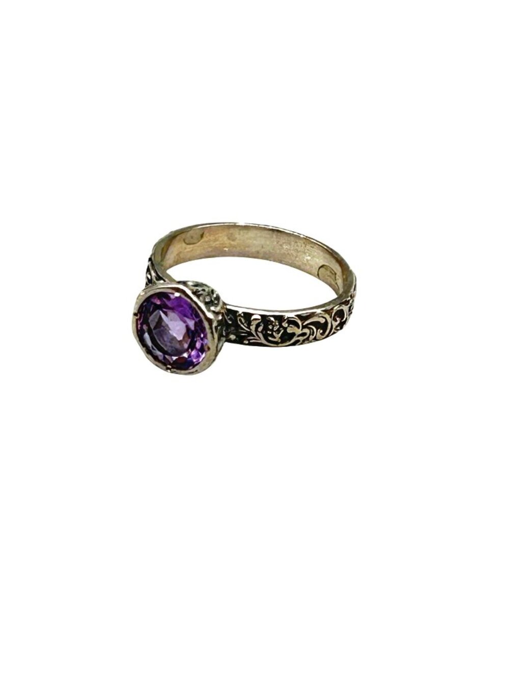 Vintage Amethyst Or Paz Ring Size 9 Intricate Scrollwork Band Israel Made Jewelr